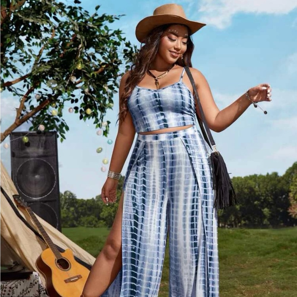 2X Womens Plus Tie Dye Crop Top with Wide Leg Pants